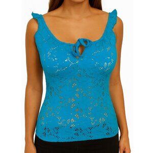 Y2K Suzy Shier Blue Lace Knit Top Ruffle Cottage Front Tie Peasant Tank Vtg Sz S